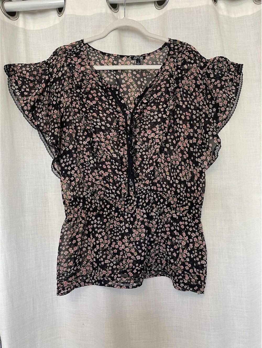 Black Pink Floral Ruffled Sheer Feminine Blouse Cap Sleeve Size Xl
